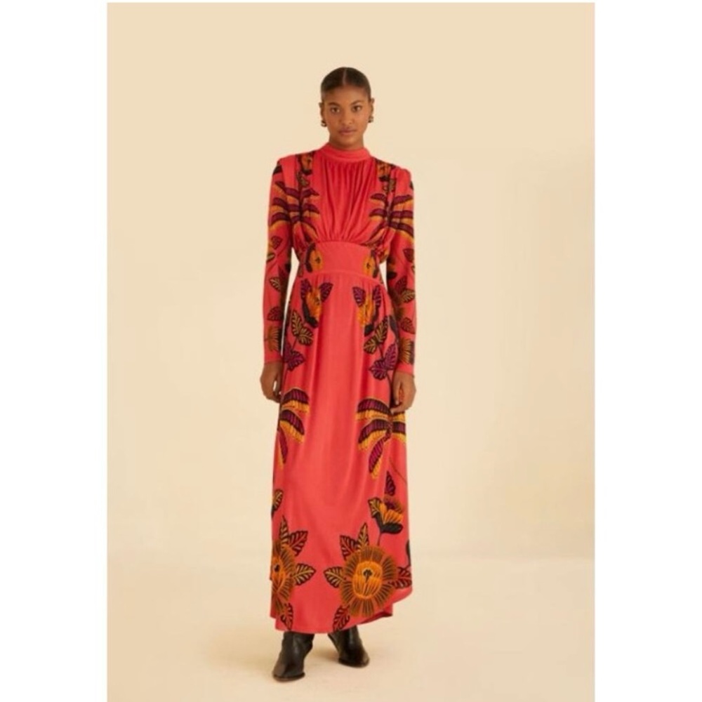 Farm Rio Living Bloom Maxi Dress Long Sleeve Red Jersey Size Large - Picture 2 of 11